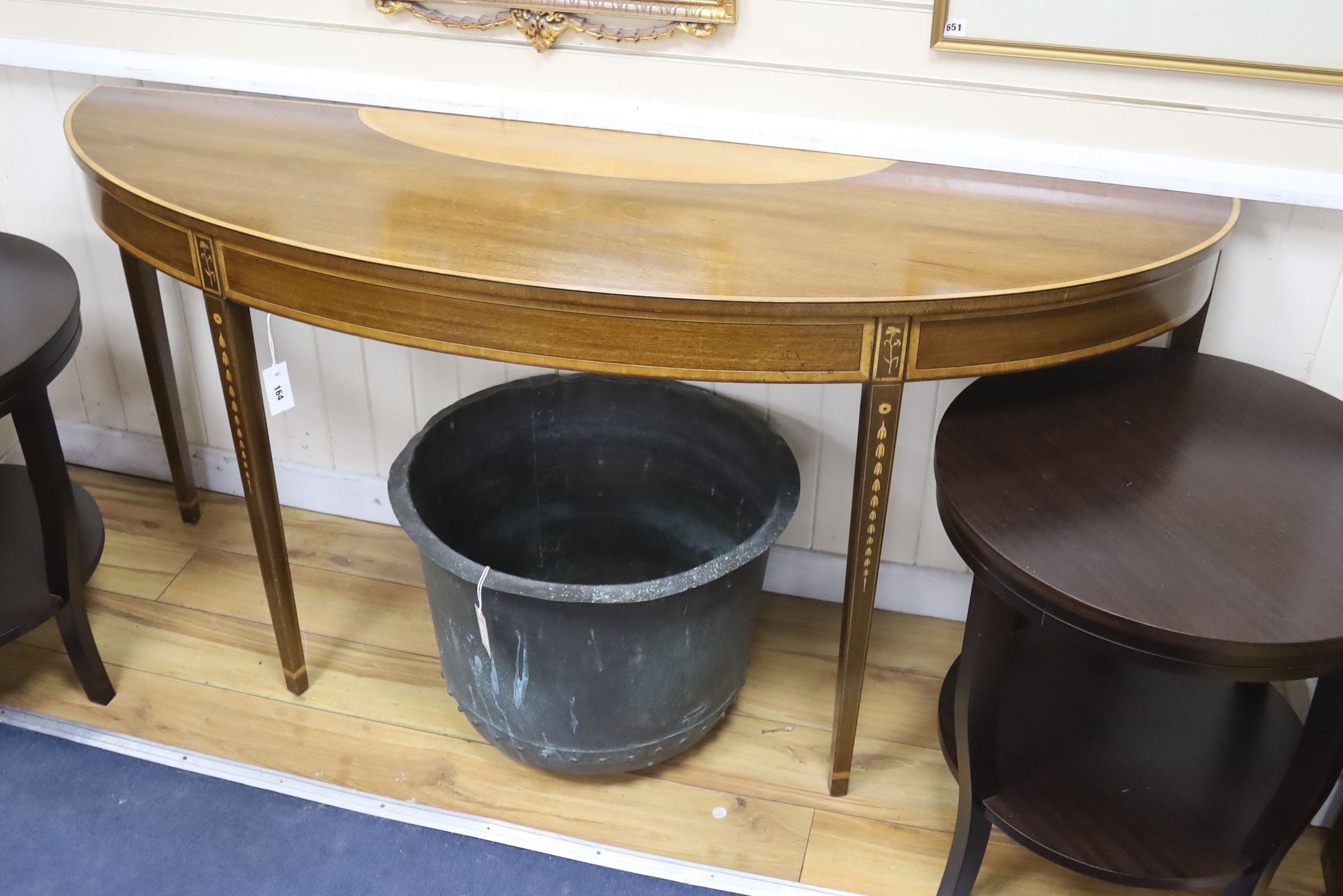 A reproduction Sheraton style inlaid mahogany D shaped console table, width 172cm, depth 48cm, height 85cm